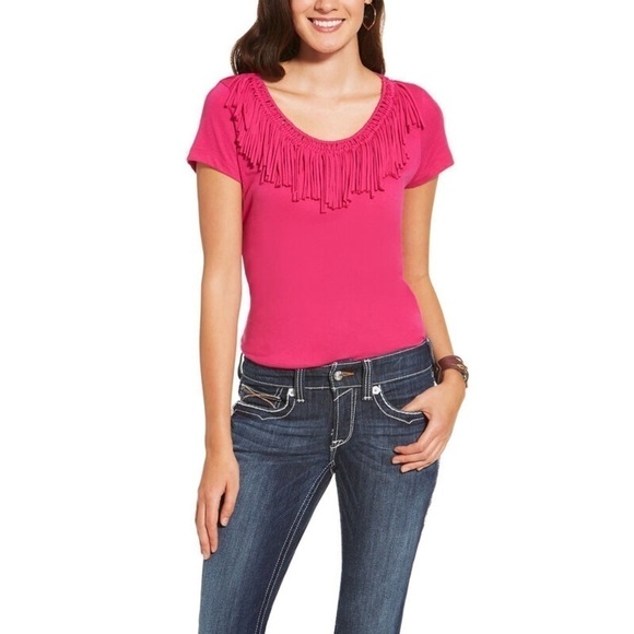 Ariat Senorita Fringe Top Bright Pink Short Sleeve Tee, size S - Picture 1 of 9
